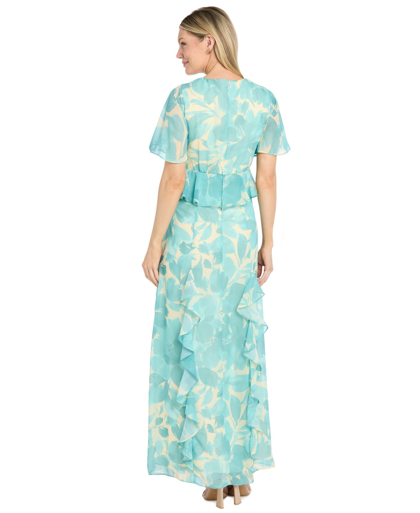Женское платье R & M Richards Floral-Print Flutter Sleeve Peplum, цвет: Слоновая кость / Аквамариновый — фото 3