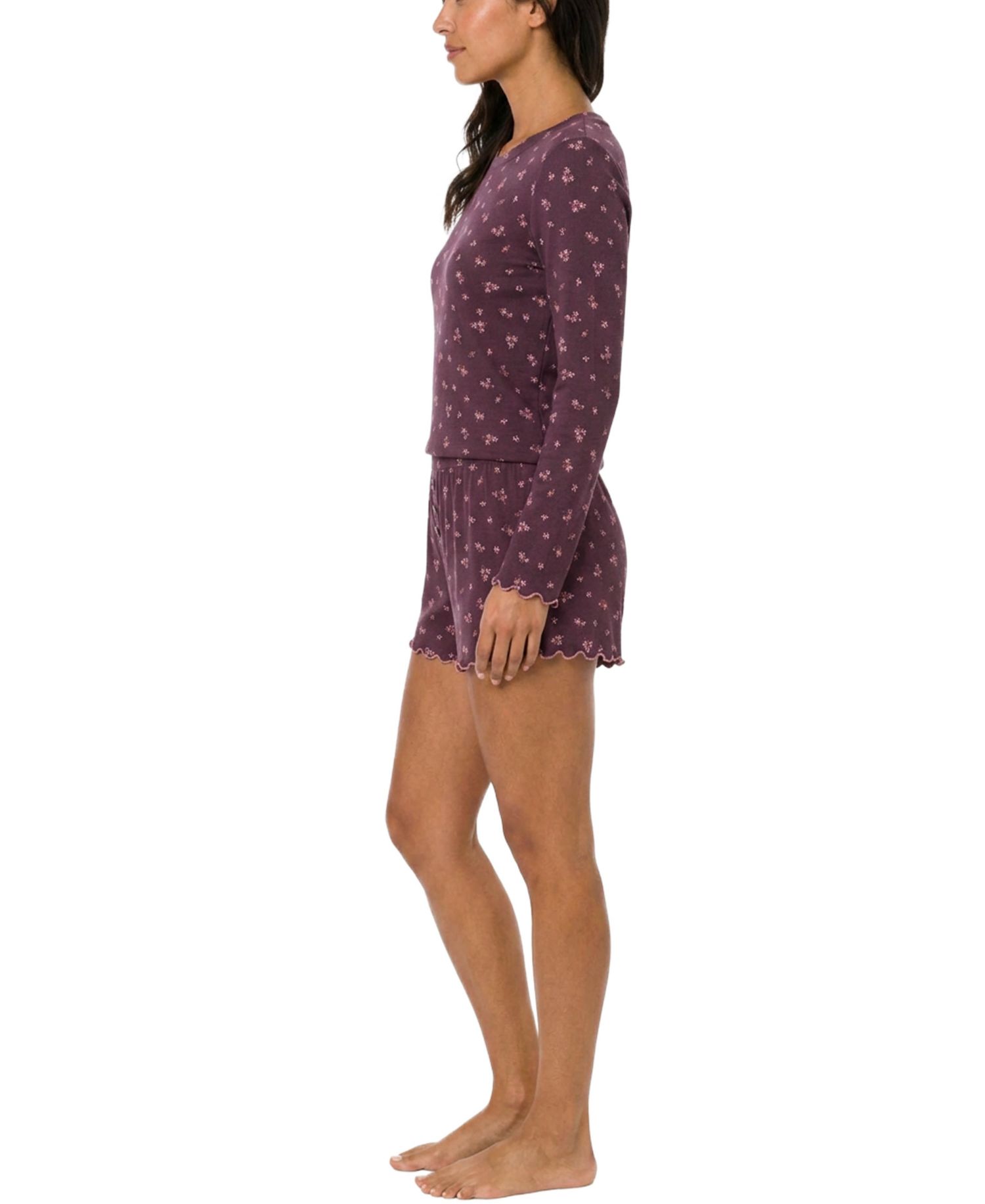 Women's Boat Neck Long-Sleeve Ribbed Tee and Shorts Set, 3" Inseam