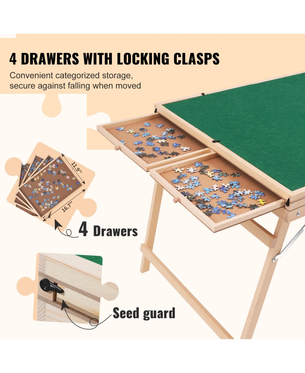 Sevorley 1500-Piece Wooden Puzzle Table with Folding Legs, 4 Drawers and Cover