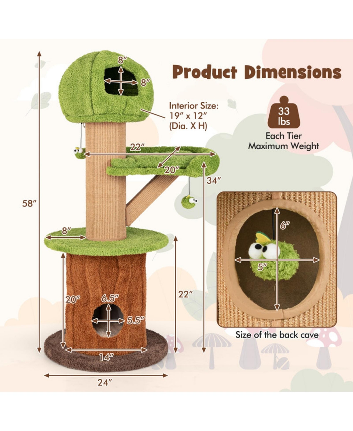 Sugift Mushroom Cat Tree for Indoor Cats with 2 Condos Plush Perch and Teasing Balls