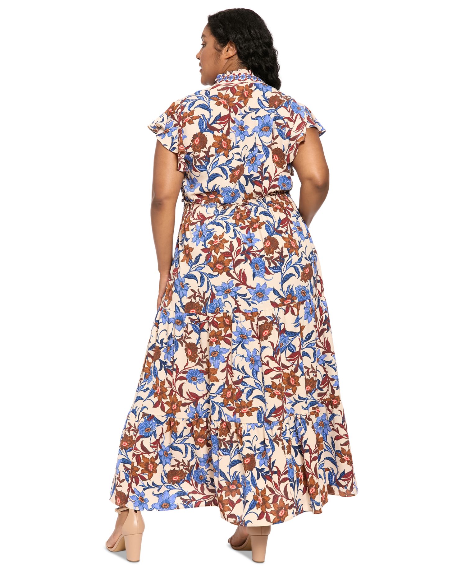 Plus Size Tiered Flutter-Sleeve Bubble-Crepe Maxi Dress