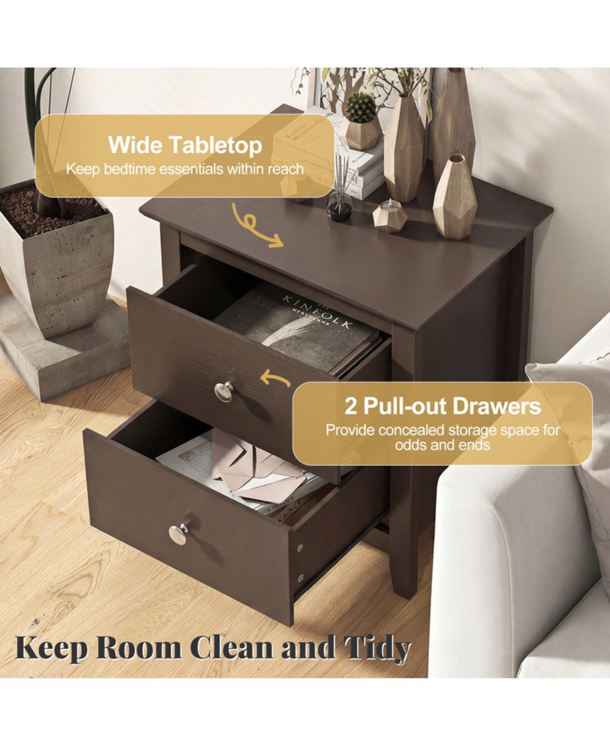 Sugift Set of 2 Modern Nightstands with 2 Drawers for Small Spaces