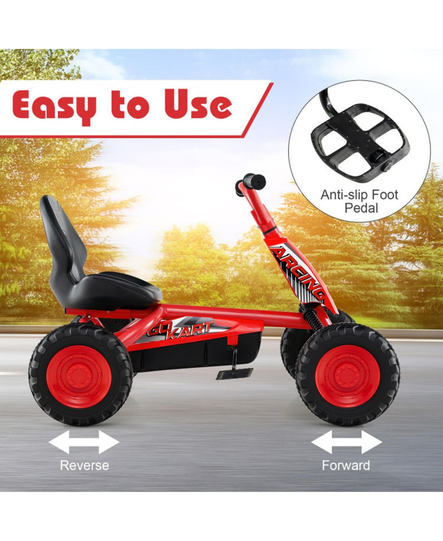 Детская игрушка SUGIFT Kids 4-Wheel Go Kart with Adjustable Seat and Steering Handlebars, Supports up to 66 lbs, Ages 3+, цвет: Красный — фото 6