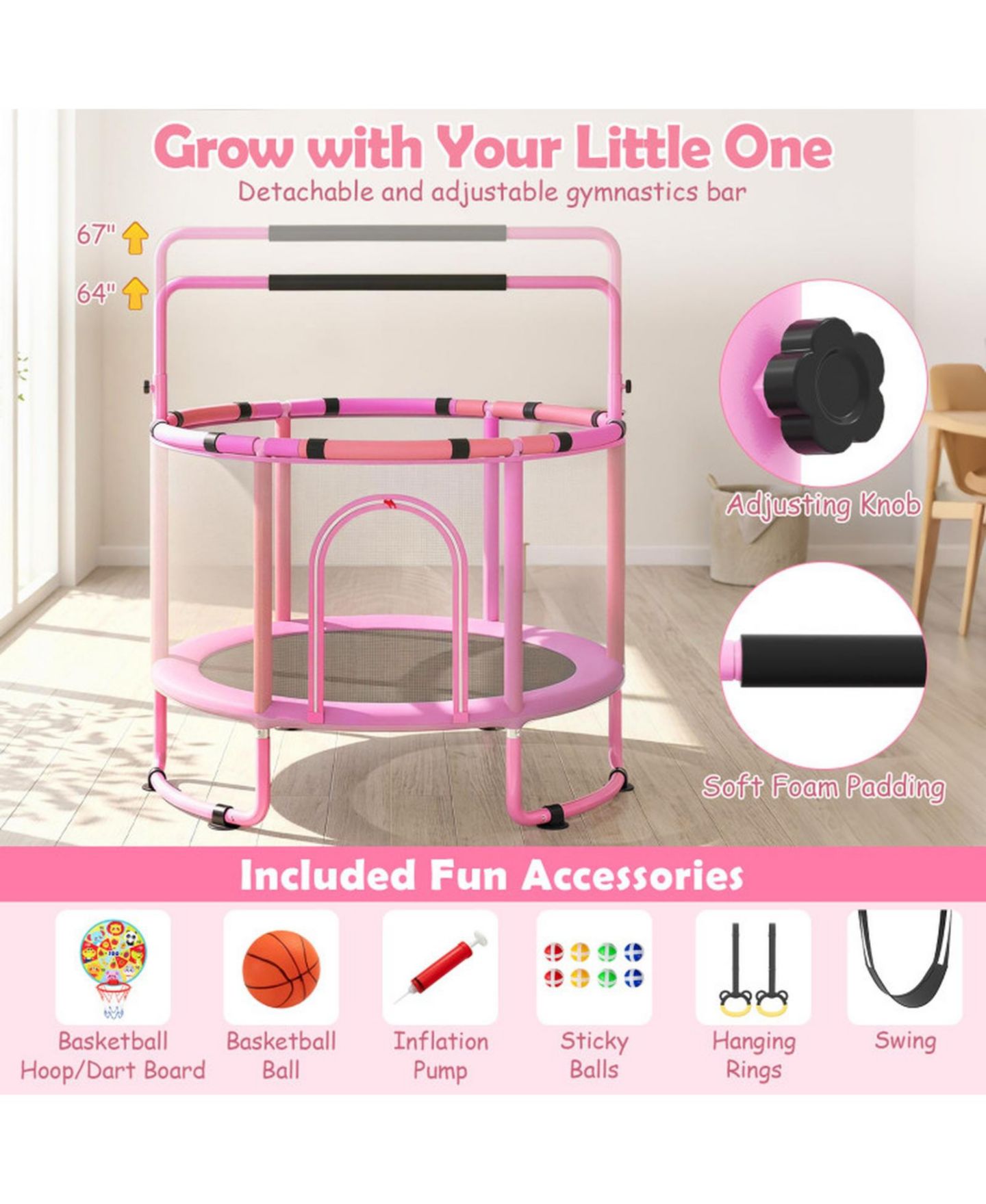 Детская игрушка HONGGE 60-Inch 6-in-1 Toddler Trampoline with Gymnastics Bar and Swing, Gymnastics Bar Rated to 120 lbs, Ages 3+, цвет: Фиолетовый — фото 6