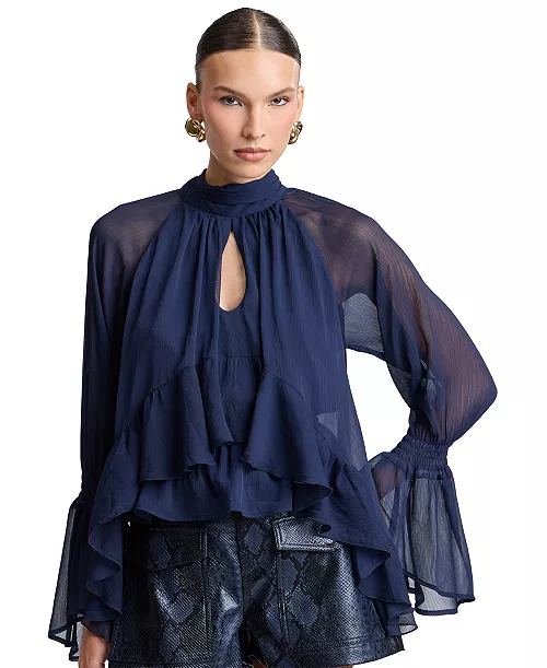 Avec Les Filles Women's Floral High-Neck Puff-Sleeve Top