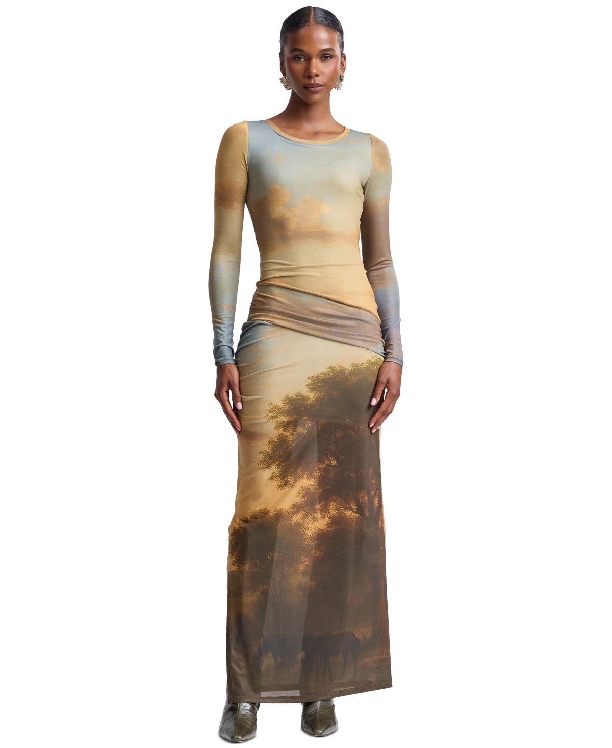 Avec Les Filles Women's Scoop Neck Long-sleeve Shirred Waist Maxi Dress In Landscape Mural