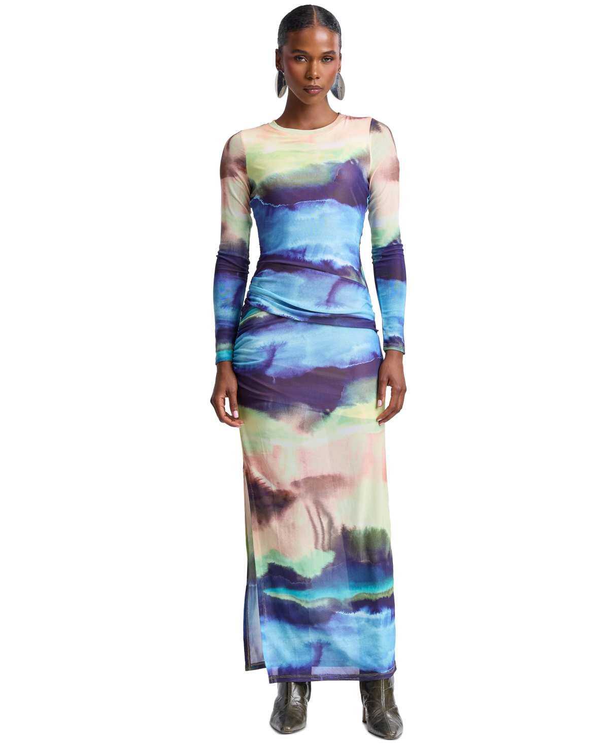 Avec Les Filles Women's Scoop Neck Long-sleeve Shirred Waist Maxi Dress In Watercolor Solstice