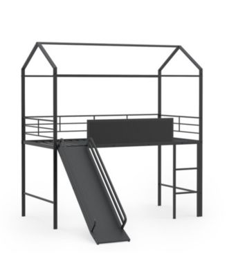 Twin Size Kids Metal Loft Bed with Slide Ladder and Chalkboard