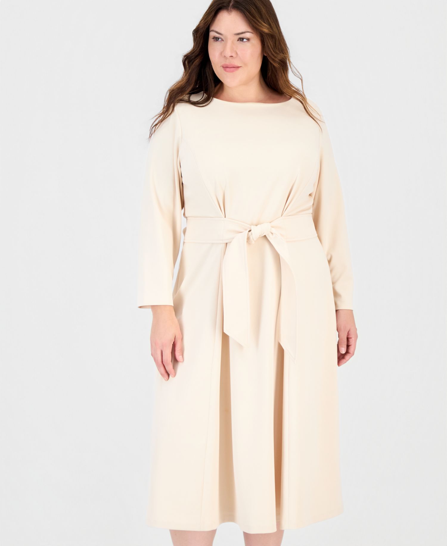 Plus Size Aline Tie Waist Midi Long-Sleeve Dress