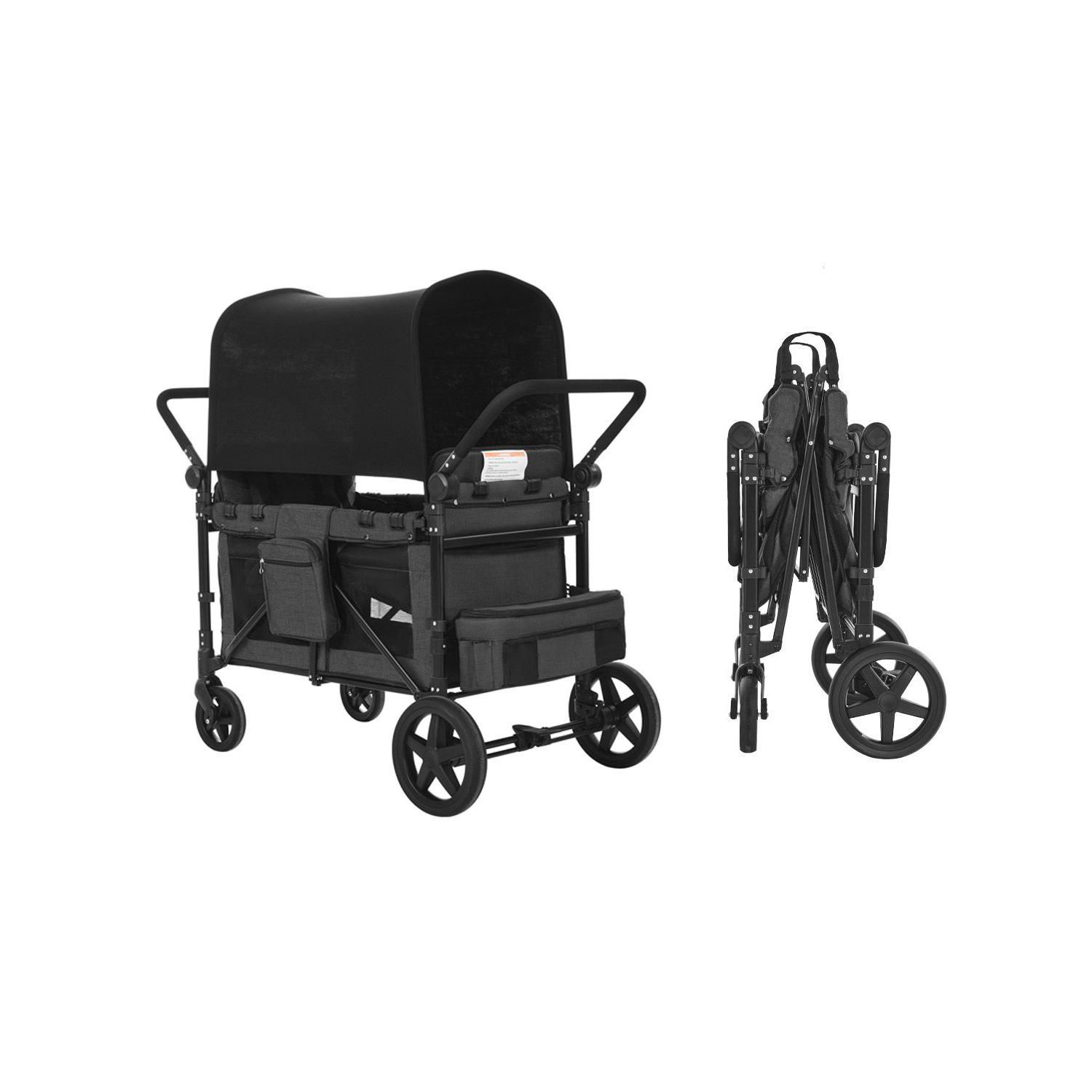 4-Kid Wagon Stroller, Collapsible Push/Pull Cart with Canopy, Safety Harnesses & Adjustable Handle, 330lb Capacity