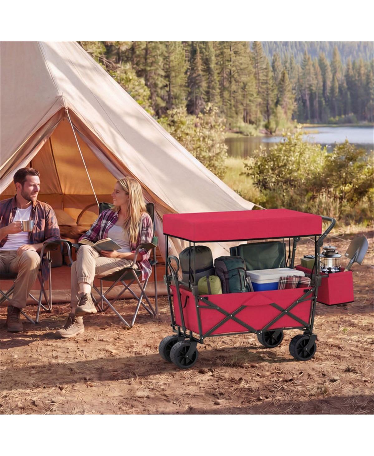 Mountaintop Foldable Utility Wagon,Adjustable Handle Outdoor Wagon, Puncture-Proof Wheels with Brakes, Removable Bag and Side Pockets-Red