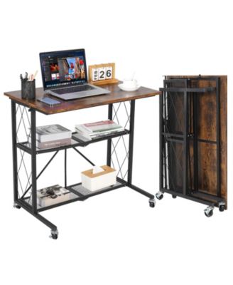 31.5" 3-Tier Foldable Desk with Wheels – Large Capacity Metal Wire Shelf Rack, No Assembly Organizer for Kitchen and Living Room
