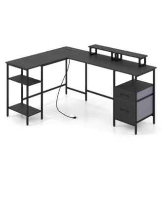 L-Shaped Reversible Computer Desk With Power Outlet Monitor Stand And 2 Foldable Drawers