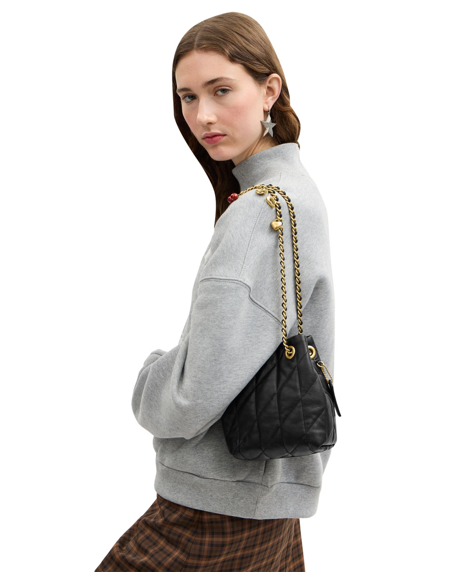 Jade Small Quilted Leather Drawstring Crossbody Bag with Charms
