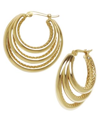 Sculptured Graduated Triple Tube Hoop Earrings in 14k Yellow Gold