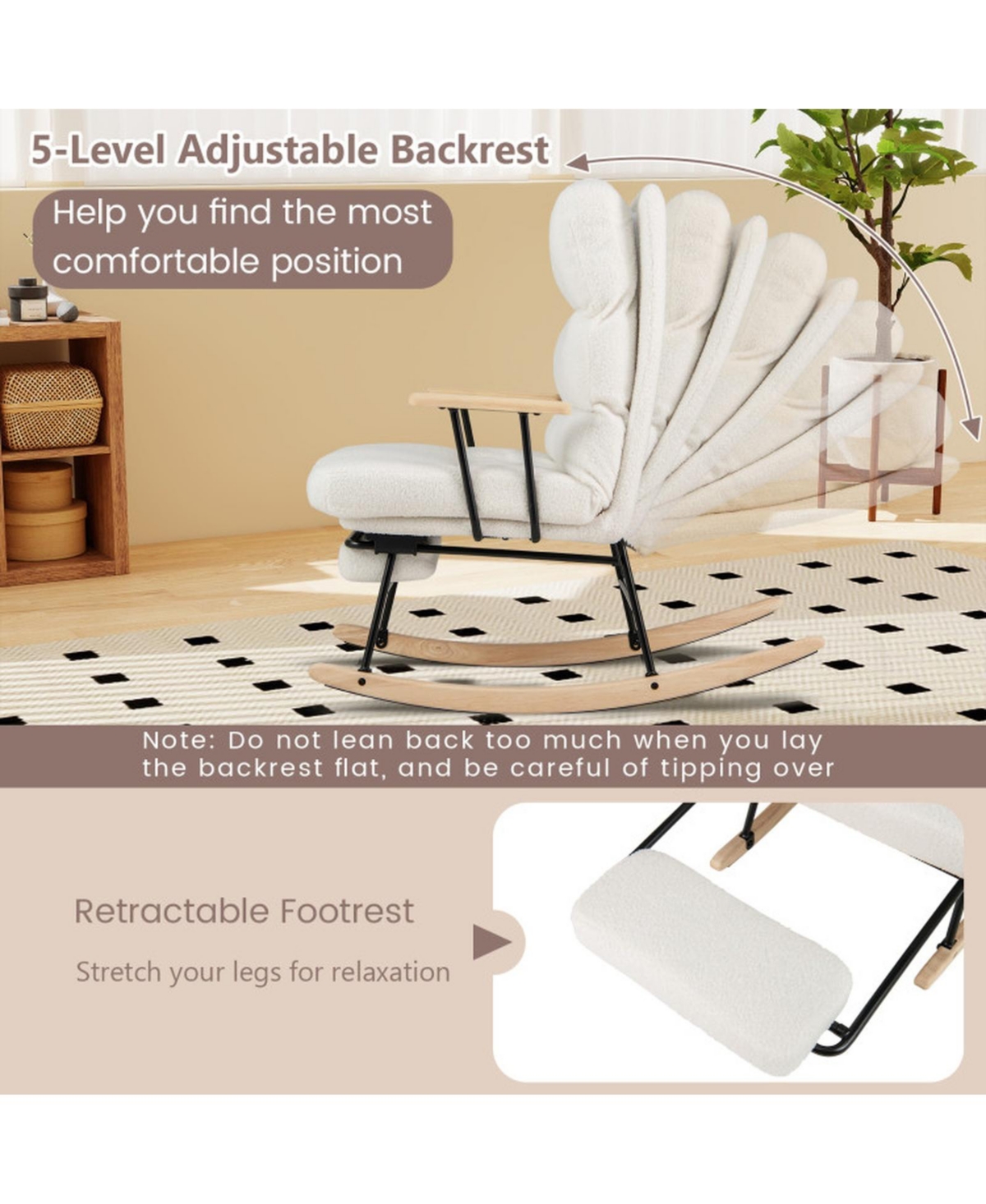 Sugift Nursery Rocking Chair with Adjustable Backrest Retractable Footrest and Teddy Velvet Upholstery
