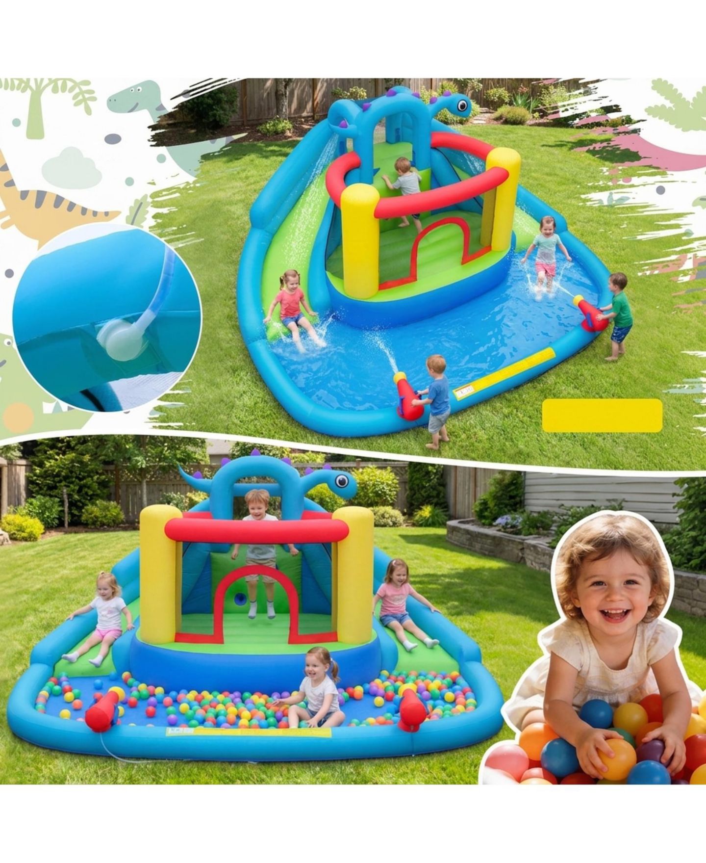 Детские игрушки SUGIFT Dinosaur Inflatable Water Slide Park with Double Slides and 950W Air Blower, цвет: Open Miscellaneous — фото 11