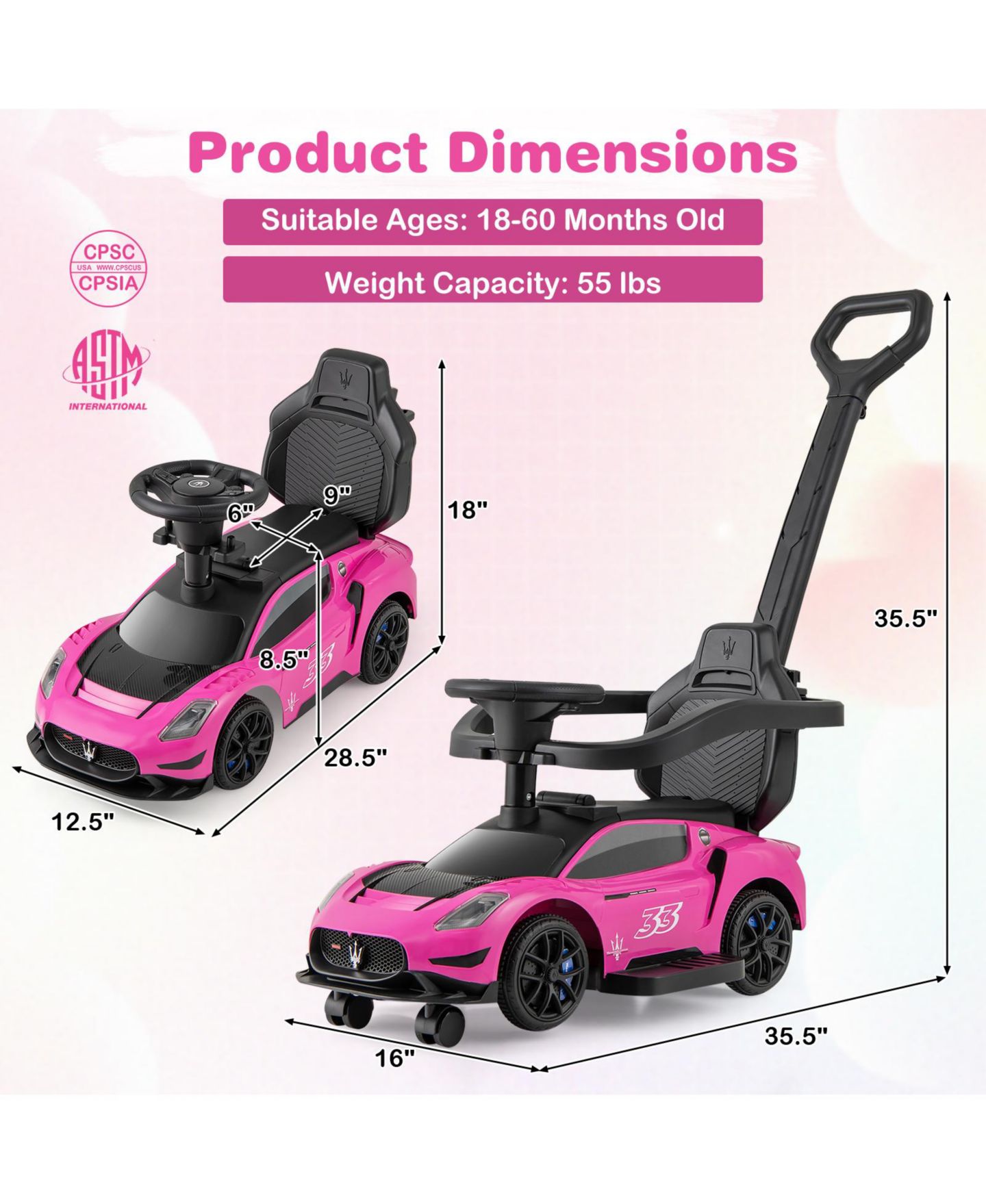 Детская игрушка SUGIFT 3-in-1 Ride-On Push Sliding Car with Music, 35.5"L x 16"W x 35.5"H, Ages 18-60 Months, цвет: Розовый — фото 3