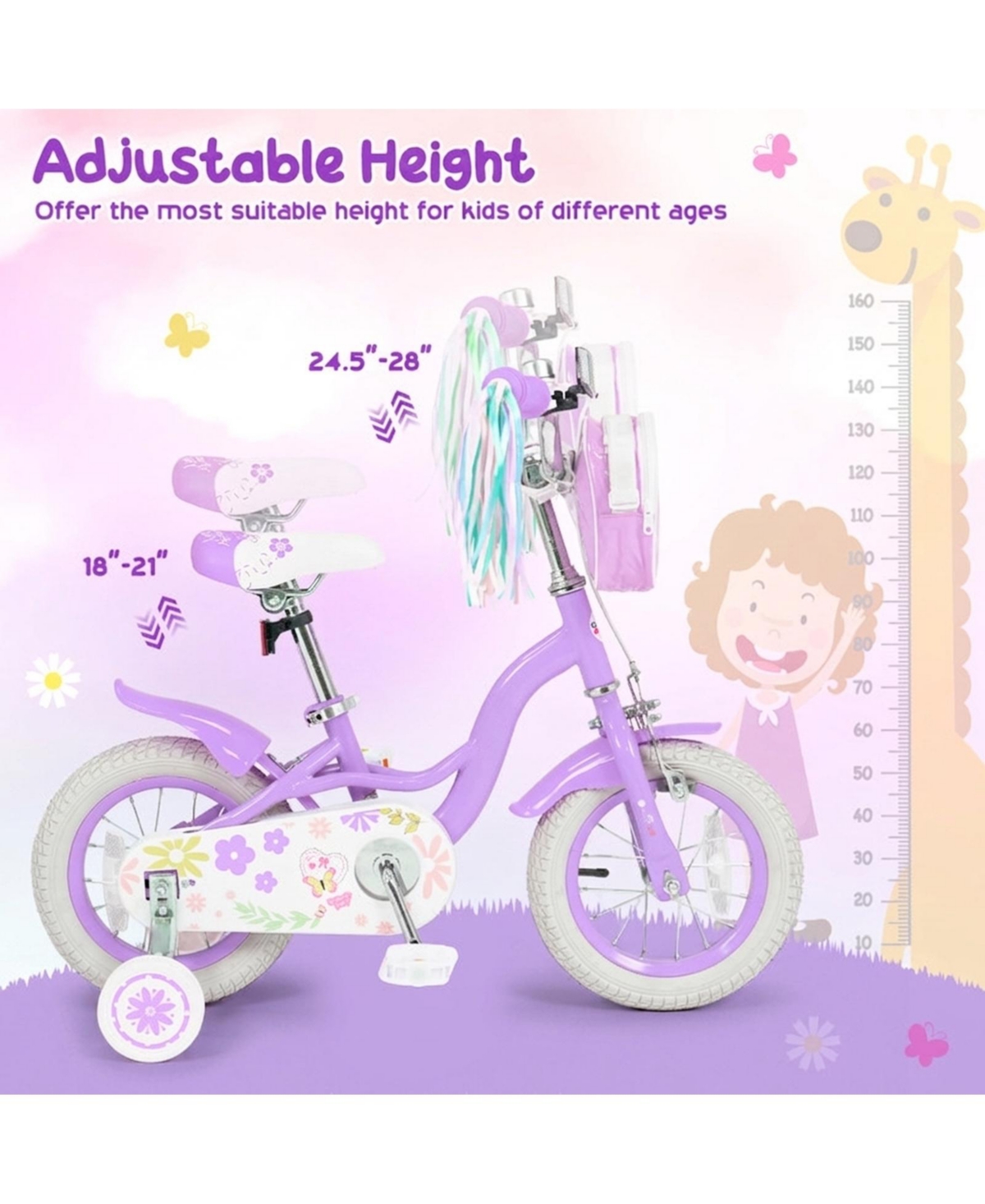 Sugift 12 in. Girls' Bike with Removable Training Wheels and Front Bag, Ages 3–4