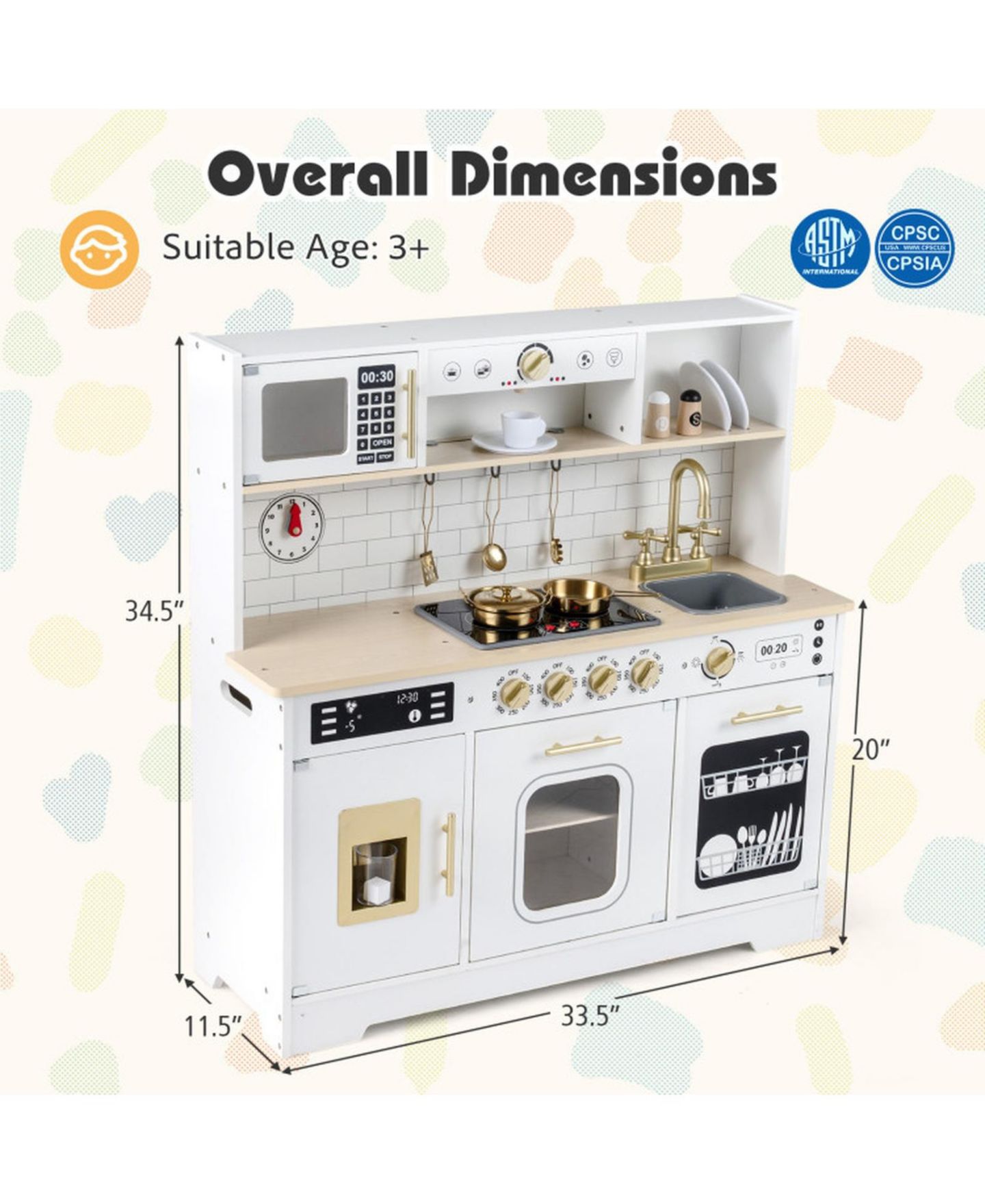 Детские игрушки SUGIFT Lights and Sounds Wooden 14-Piece Play Kitchen, Ages 3+, цвет: Белый — фото 3