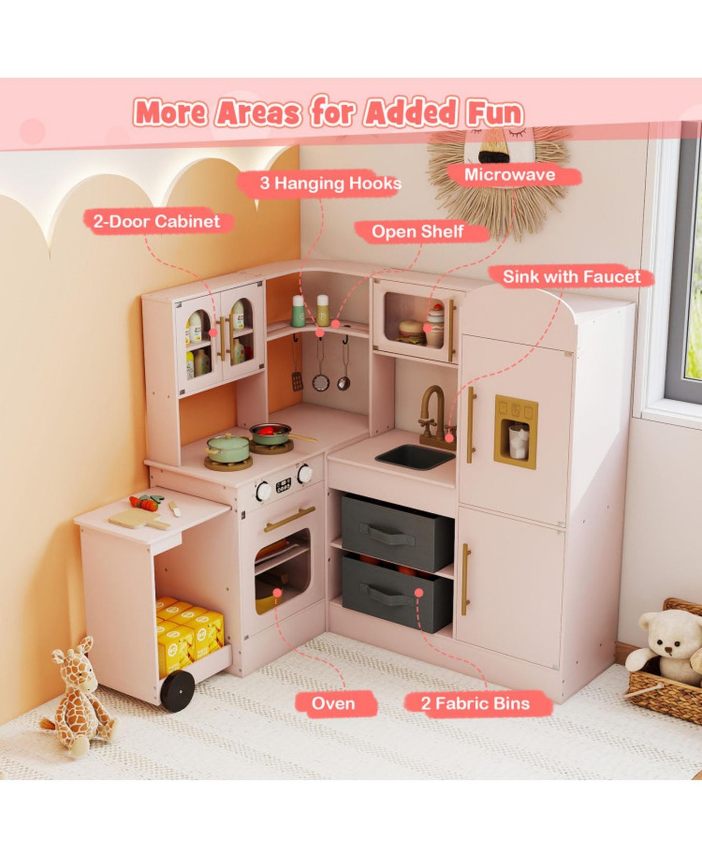 Детская игрушка SUGIFT Corner Play Kitchen with Lights and Sounds for Kids Ages 3, цвет: Розовый — фото 11