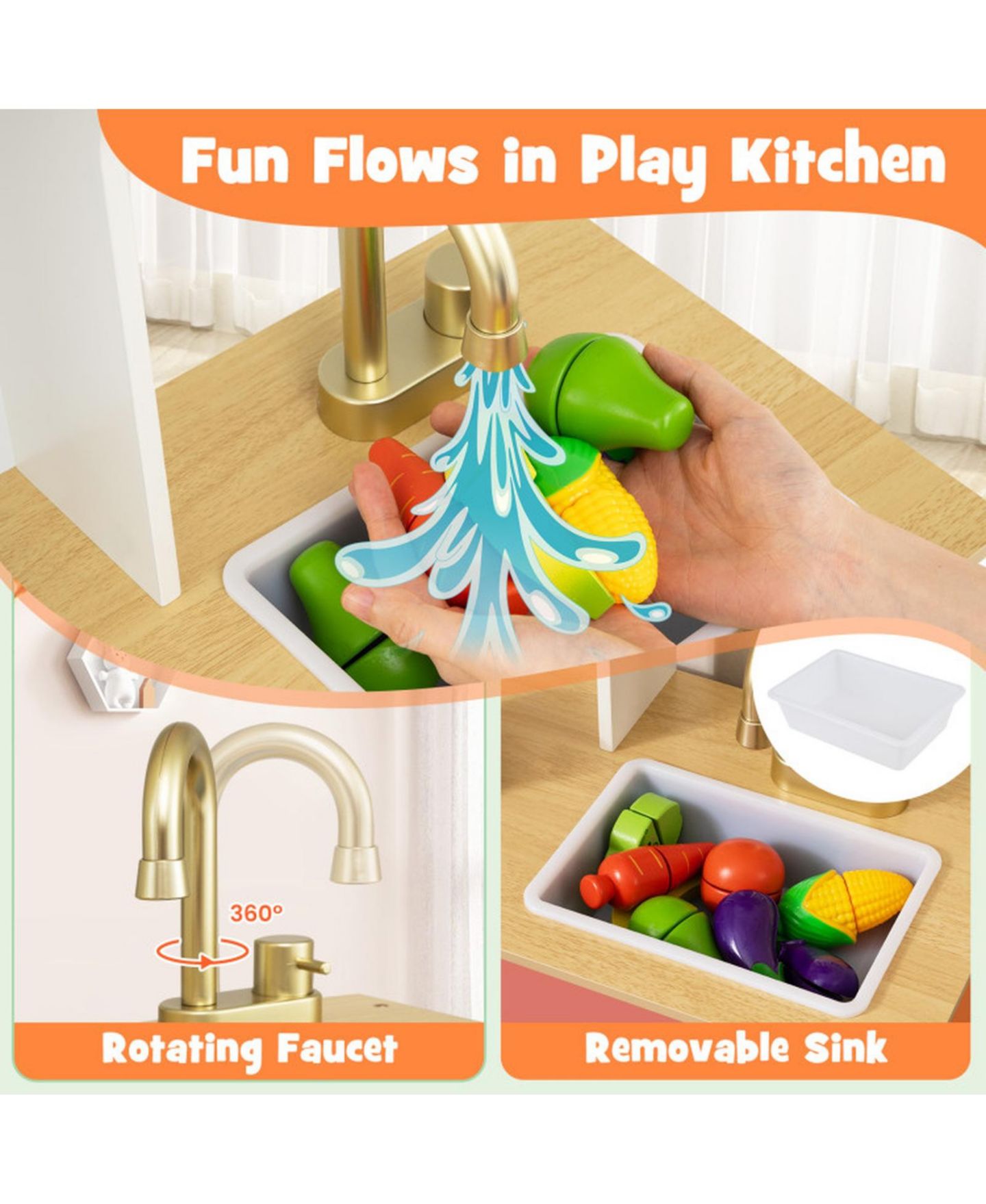 Детская игрушка SUGIFT Kids Play Kitchen with Microwave and Rotation Knobs for Girls Boys Aged 3-6, цвет: Оранжевый — фото 7