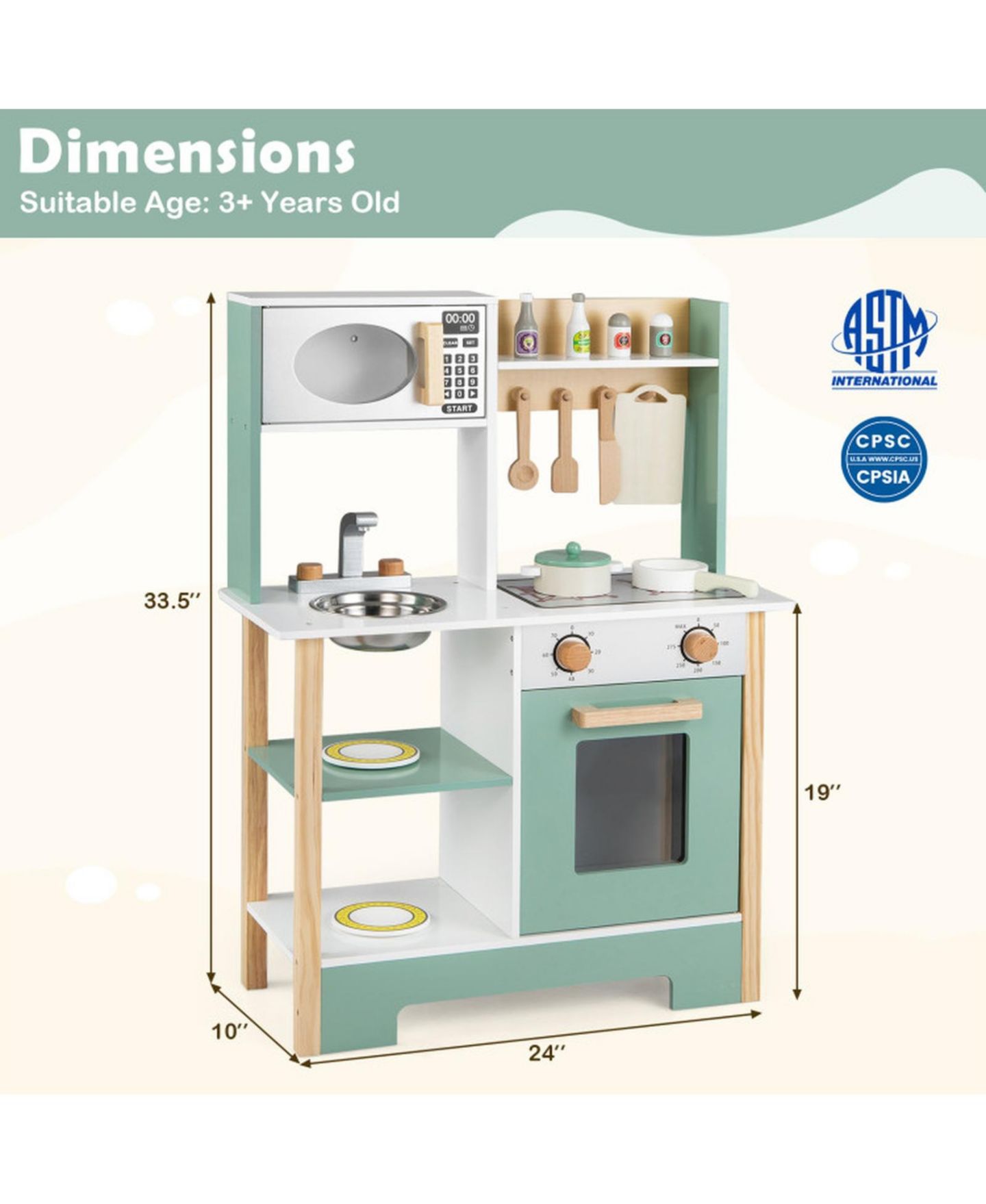 Детская игрушка SUGIFT Wooden Play Kitchen with Chalkboard, 13-Piece Playset, Ages 3+, цвет: Зелёный — фото 3