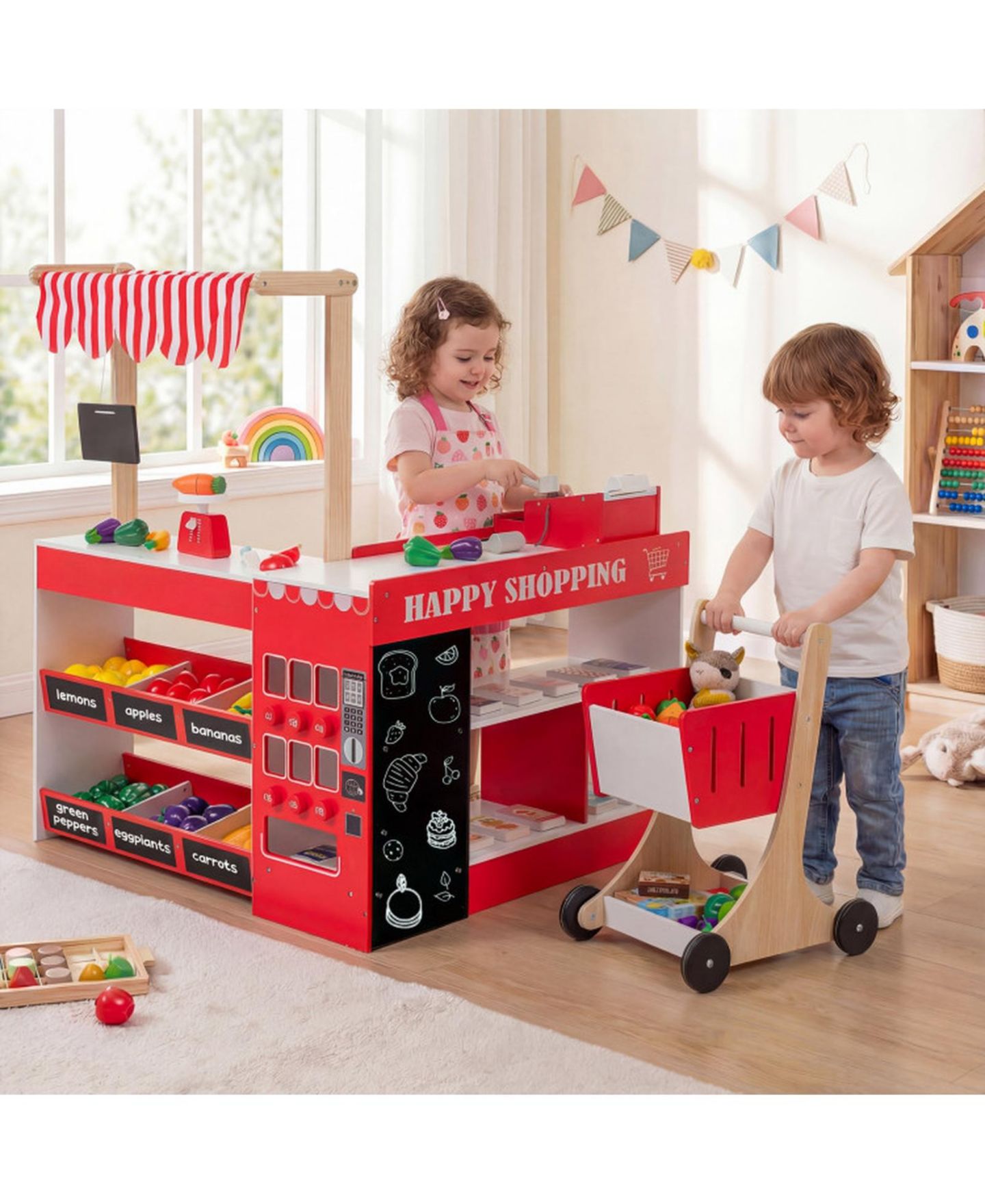 Детский игровой набор SUGIFT Wooden Grocery Store Interactive Playset with Shopping Cart, Ages 3+, цвет: Красный — фото 2