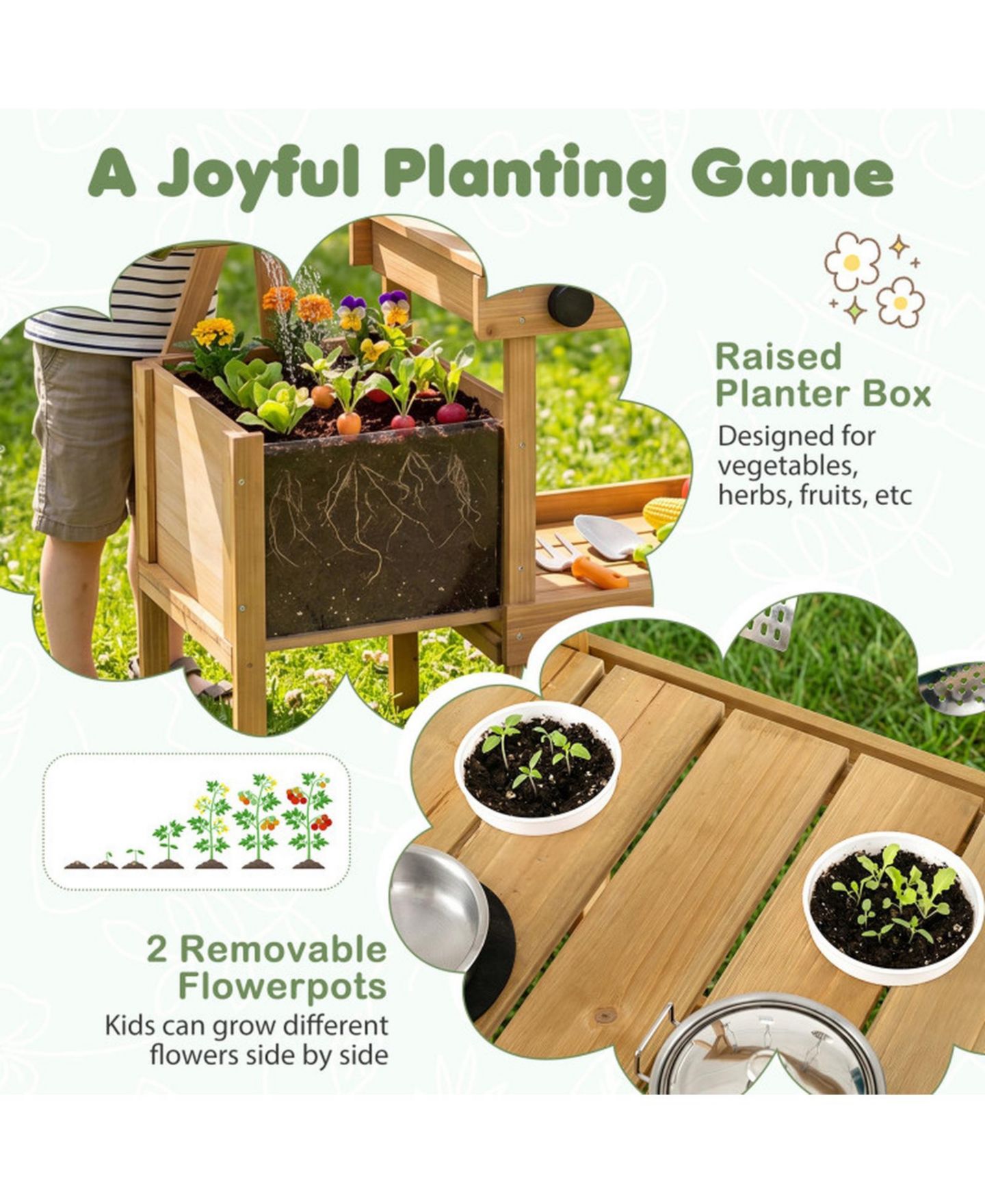 Детская игрушка SUGIFT Wooden Raised Planter Box Mud Play Kitchen with 2 Flowerpots, Ages 3+, цвет: Натуральный — фото 6