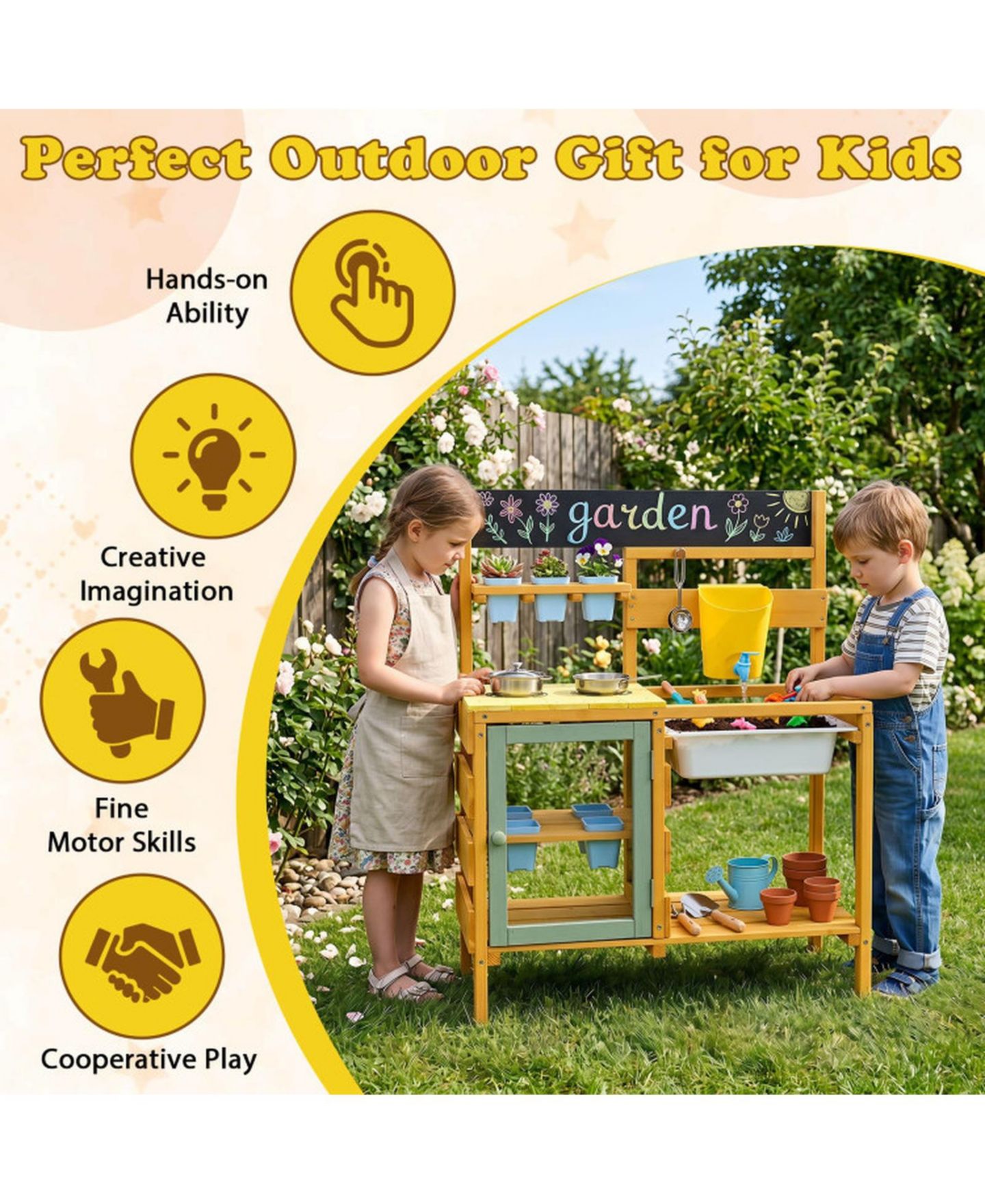 Детские игрушки SUGIFT Wooden 13-Piece Mud Kitchen with Water Tank, Faucet, and 2 Stoves, Ages 3+, цвет: Жёлтый — фото 4