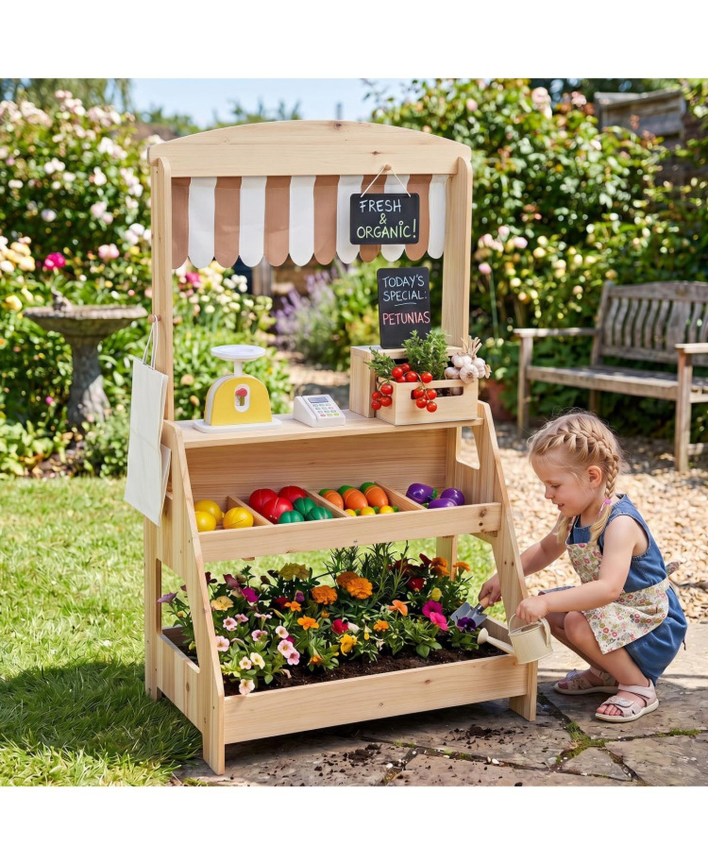 Детский игровой набор SUGIFT 2-in-1 Wooden Mud Kitchen and Market Stand 25-Piece Playset, Ages 3+, цвет: Натуральный — фото 11