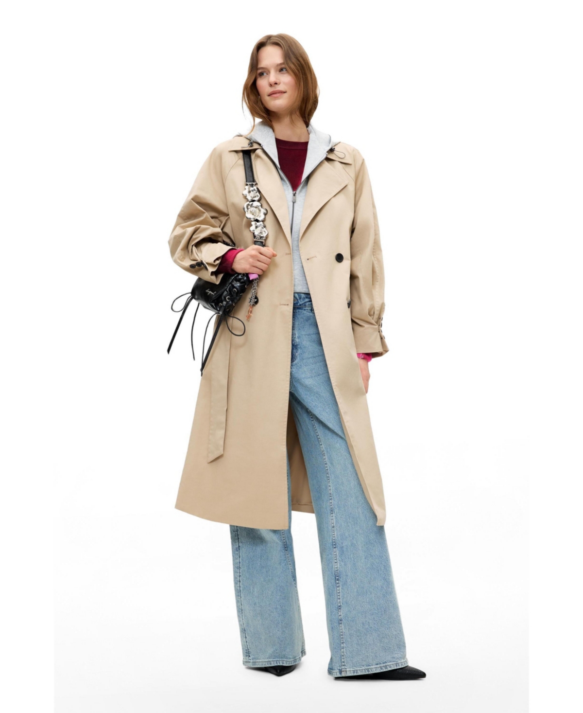 Desigual Women's Double-Breasted Long Unlined Cotton-Blend Trench Coat