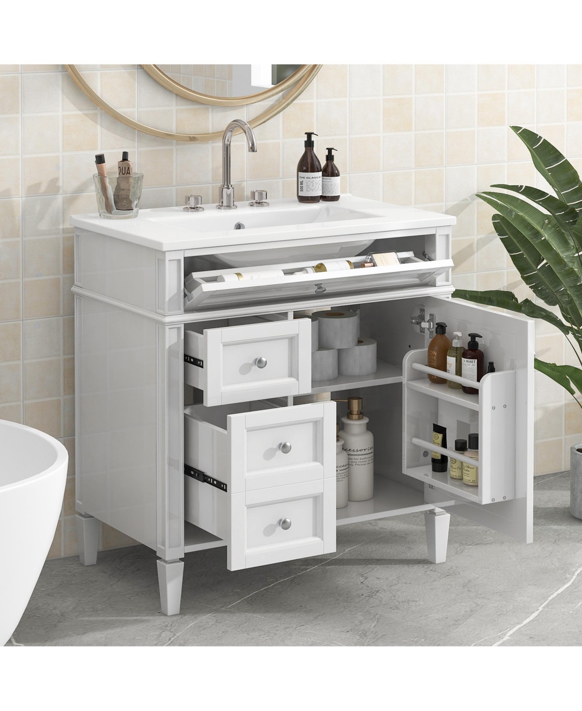 Busdays 30 Inch Bathroom Vanity with Top Sink Modern Storage Cabinet with 2 Drawers and a Tip Out Drawer Single Sink
