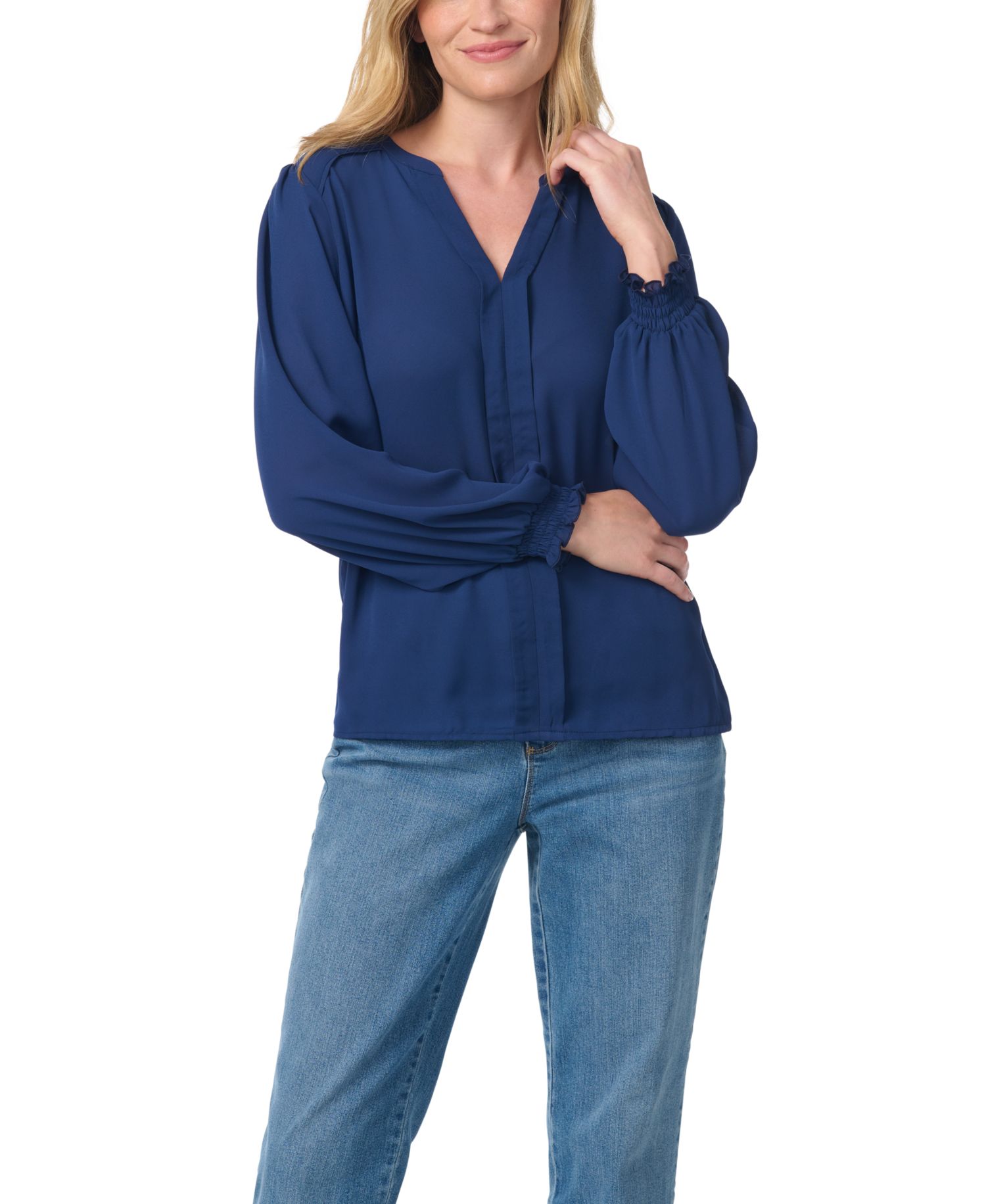 Women's Long-Bishop-Sleeve V-Neck Blouse
