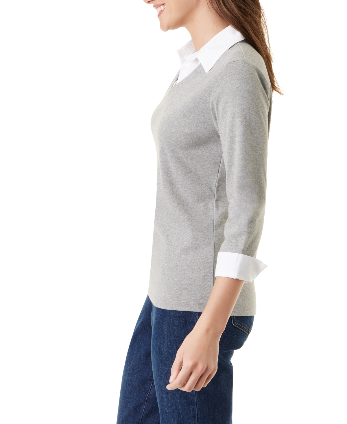 Gloria Vanderbilt Maxine Womens Layered Cotton Pullover Sweater In Heather Grey