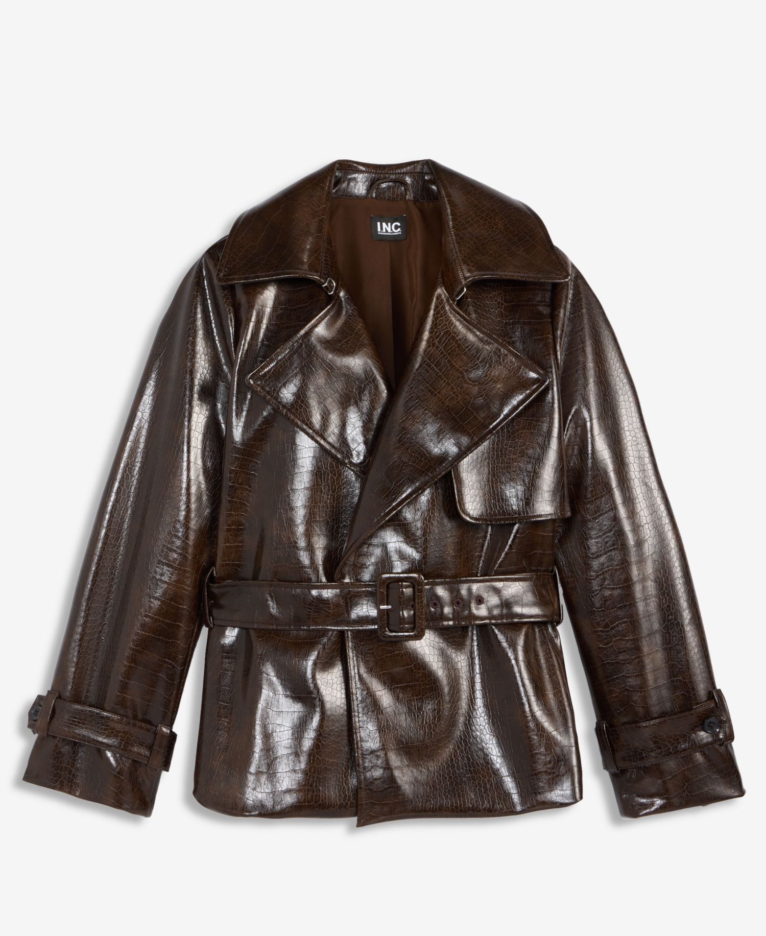 Women's Crocodile-Embossed Belted Faux Leather Jacket