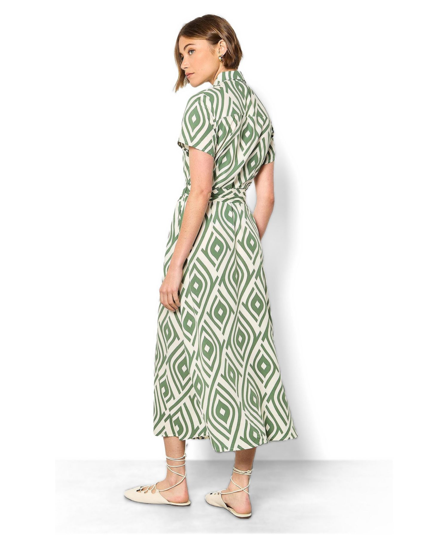 Women's Short-Sleeve Geometric-Print Midi Shirt Dress