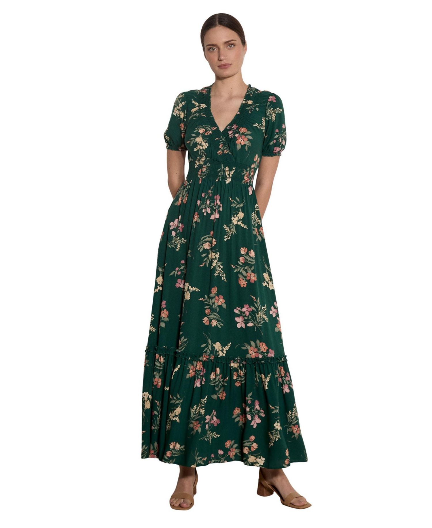 Women's Watercolour Floral Tiered Puff-Sleeve Maxi Dress