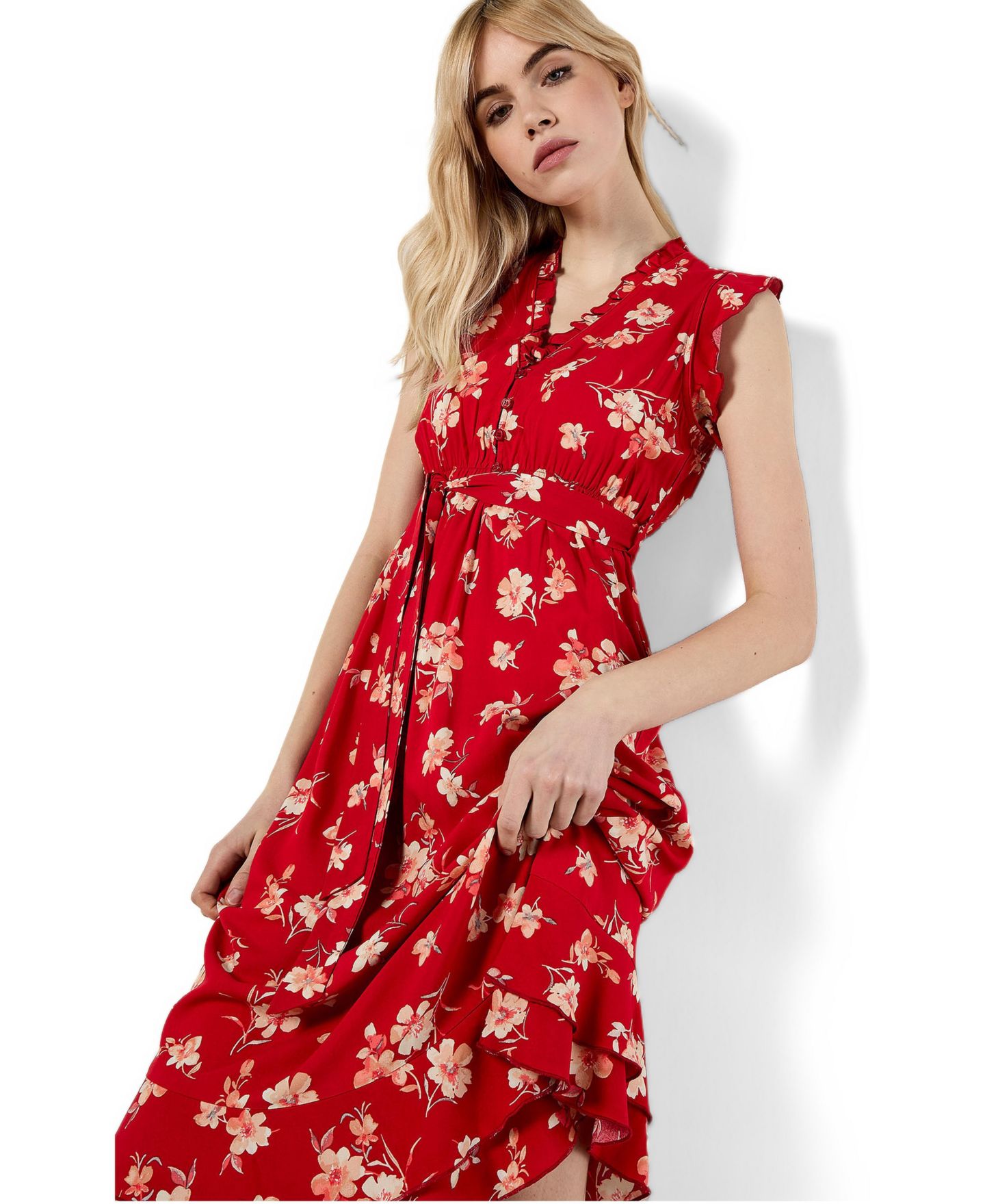 Женское платье Apricot Rock Cress Floral-Print Button-Front Ruffle-Cap-Sleeve Midi, цвет: Красный — фото 2