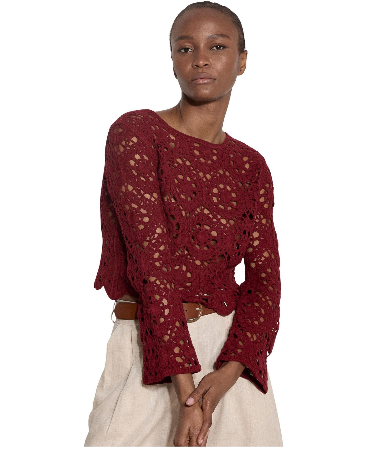 Women's Long-Sleeve Floral Crochet Top
