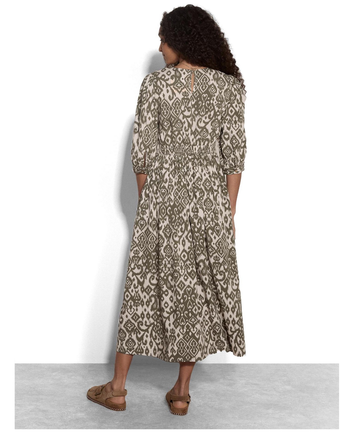 Apricot Women's Tapestry Ikat Midi V-Neck 3/4 Sleeve Dress
