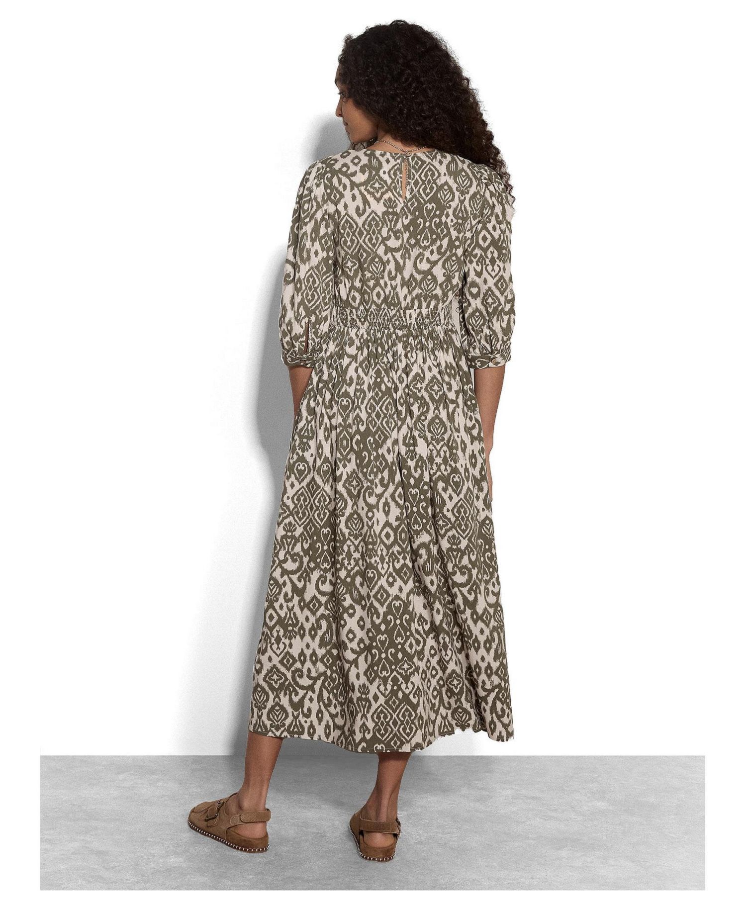 Women's Tapestry Ikat Midi V-Neck 3/4 Sleeve Dress