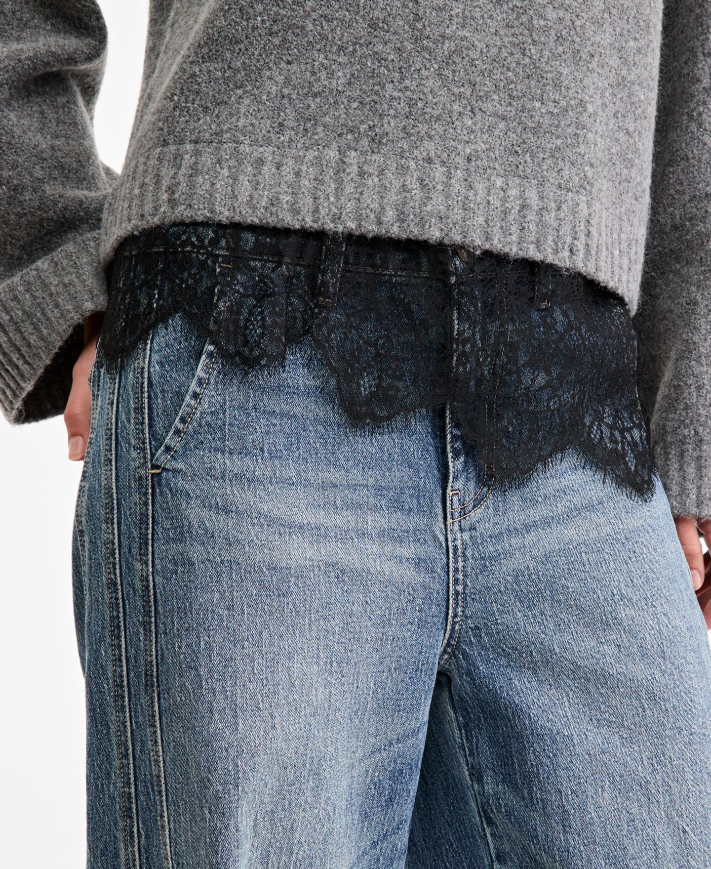 Женский свитер And Now This Petite Long-Sleeve Crewneck Lace, цвет: Меланжевый серый — фото 2
