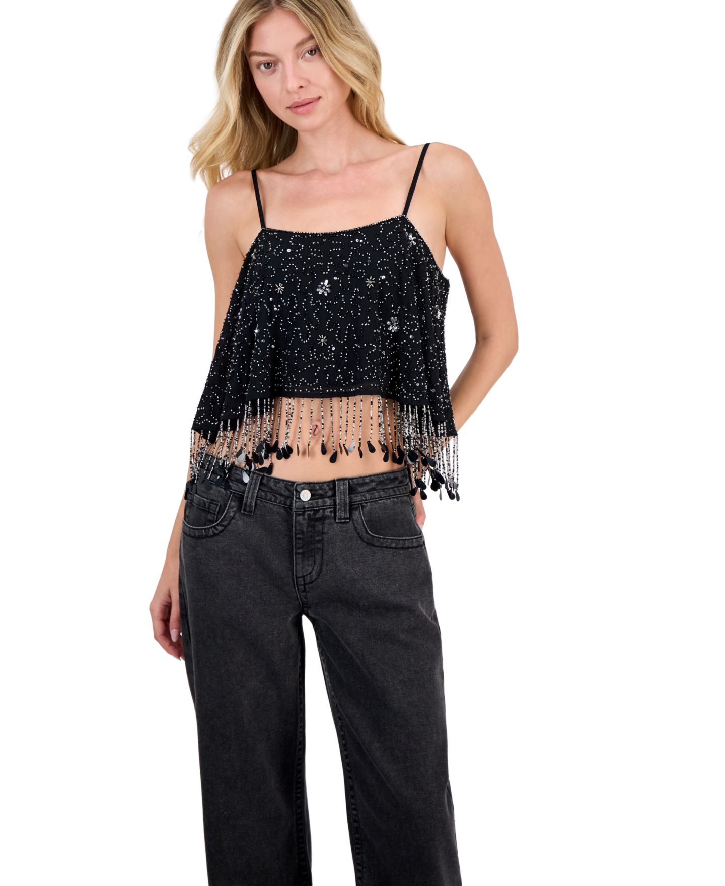Женский топ And Now This Beaded Fringe Square Neck Camisole, цвет: Чёрный — фото 2