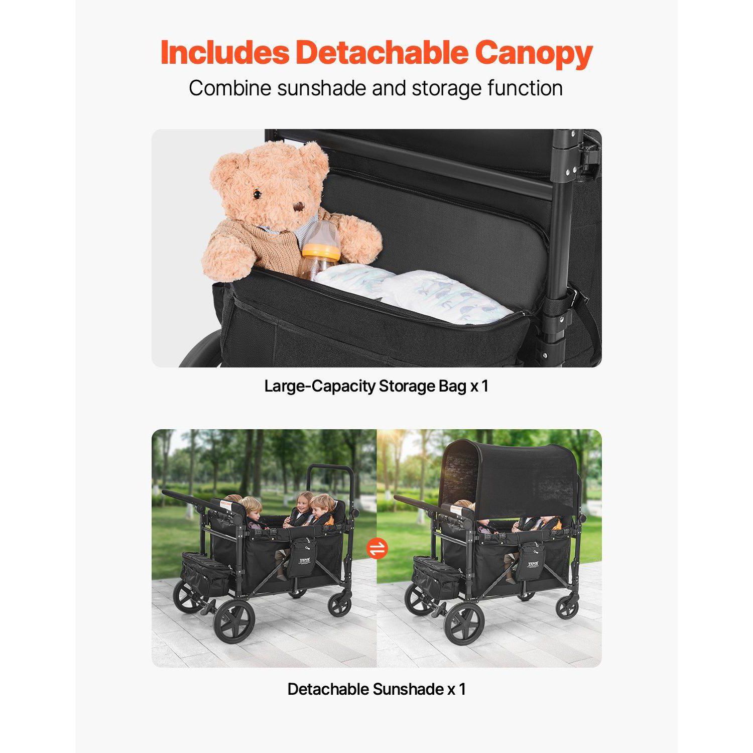 Wagon Stroller for 4 Kids, Adjustable Handle,5-Point Harness, Removable Canopy,330LBS, Camping