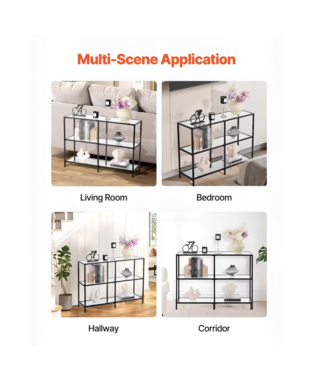Slickblue Tempered Glass Console Table with 3-Tier Storage Shelves, Contemporary Sofa Table for Living Room