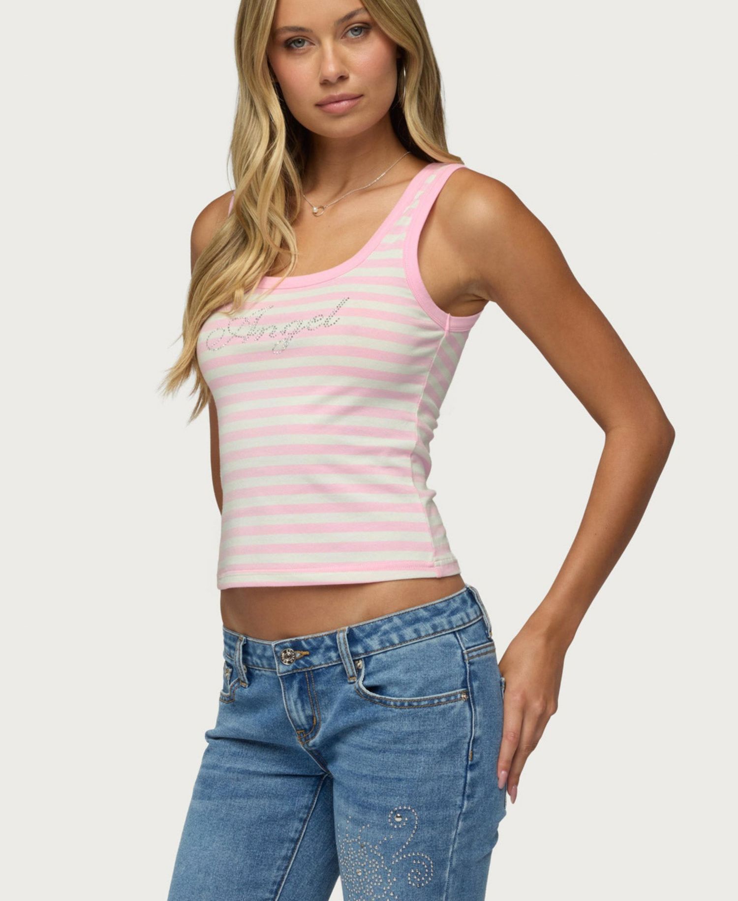 Women's Angel Glow Rhinestone Striped-Crop Tank Top