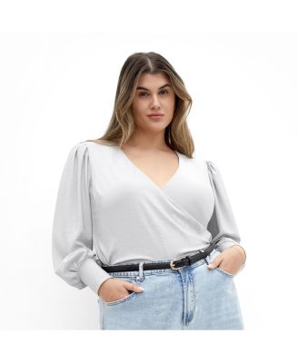 Plus Size Glowing Lurex Long-Sleeve V-Neck Faux-Wrap Blouse