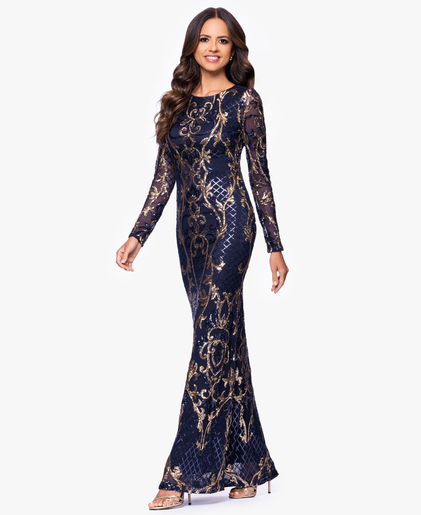 Женское платье B&A By Betsy and Adam Betsy & Adam Petite Sequinned Mesh-Sleeve Evening Gown, цвет: Тёмно-синий золотой — фото 3