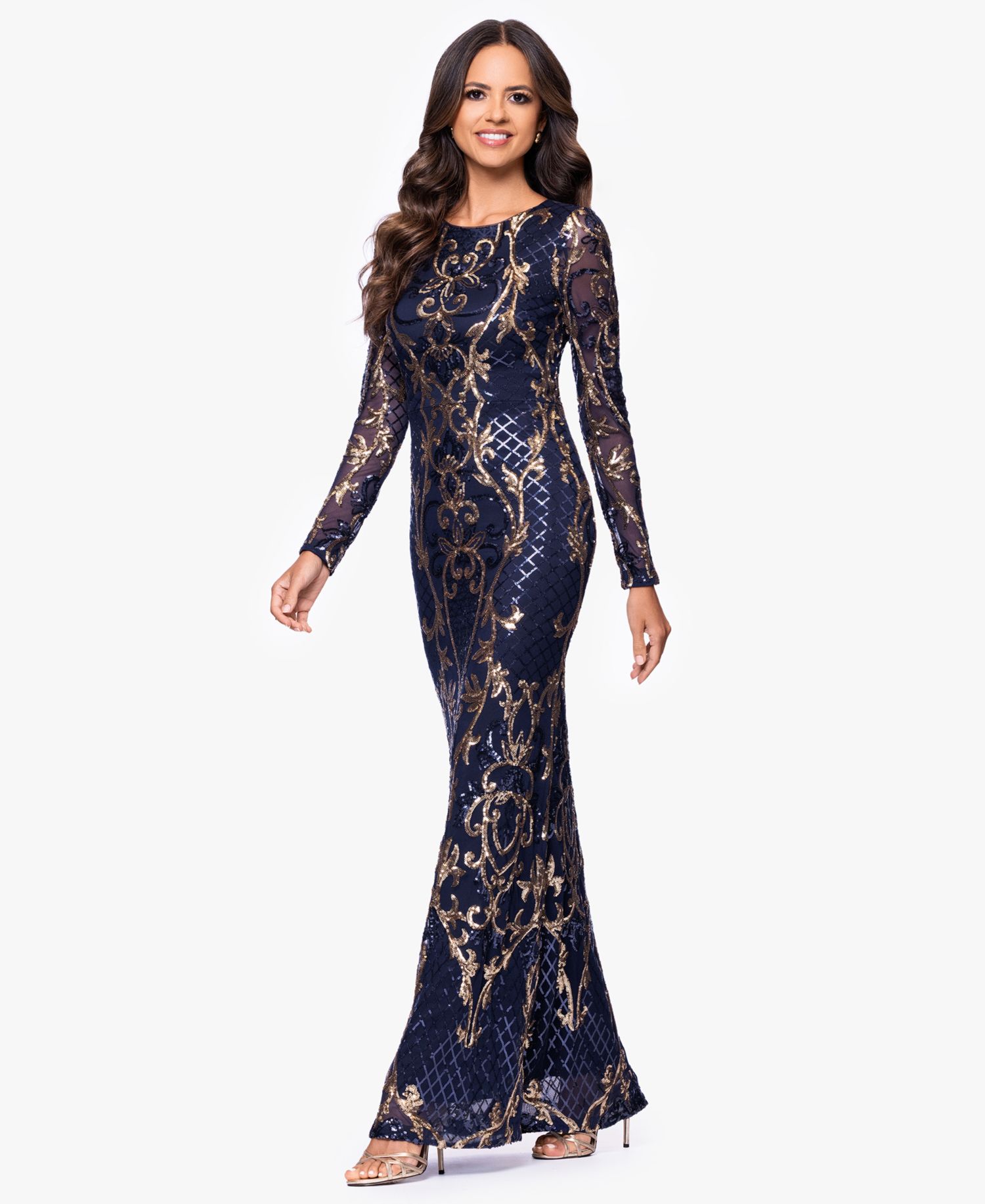 Betsy & Adam Plus Size Sequined Long-Sleeve Sheath Gown